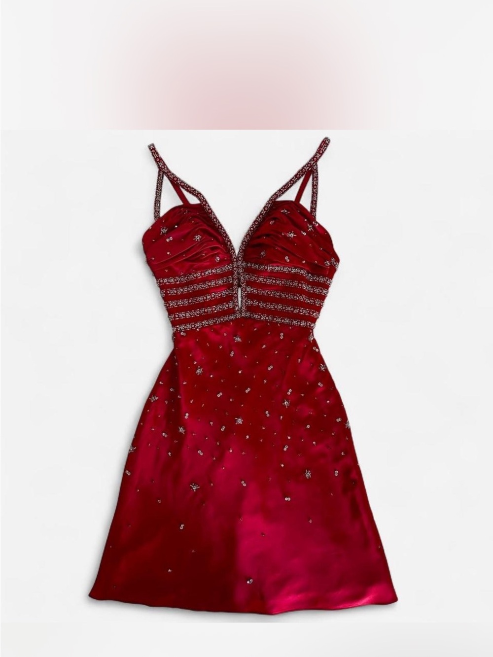 MoriLee by Madeline Gardner Embellished Red Satin Mini Dress with Beaded Bodice